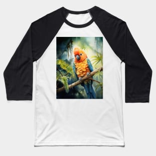 Colorful Avian Companion Perched on Tropical Tree Amidst Greenery Baseball T-Shirt